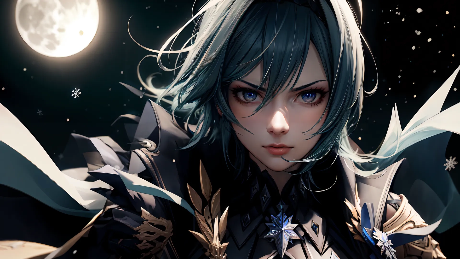 a anime girl under a full moon is looking sad and ready to fight the zombies, in a beautiful space style fantasy image captured with sharp eyes
