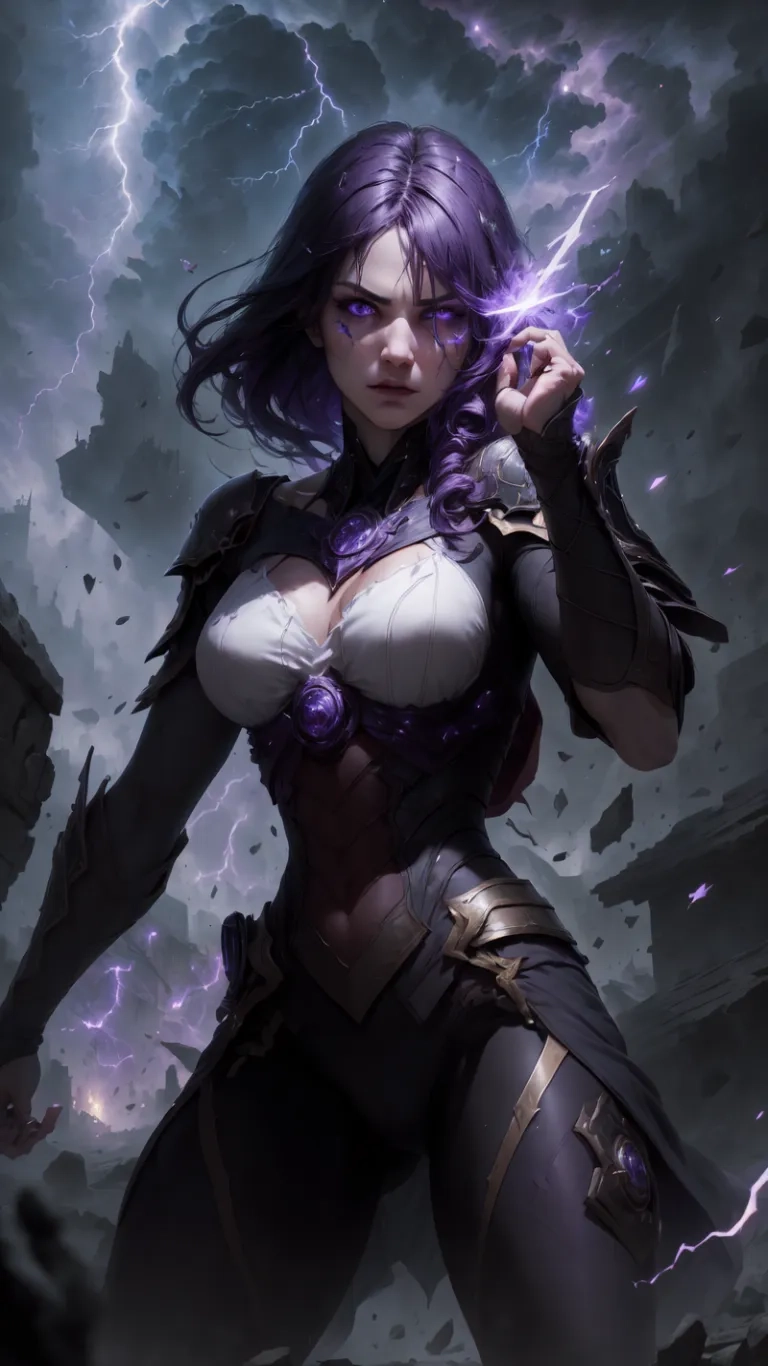 a very sexy girl with purple hair under dark skies and lightnings behind her is holding an ax and a firework on her arm
