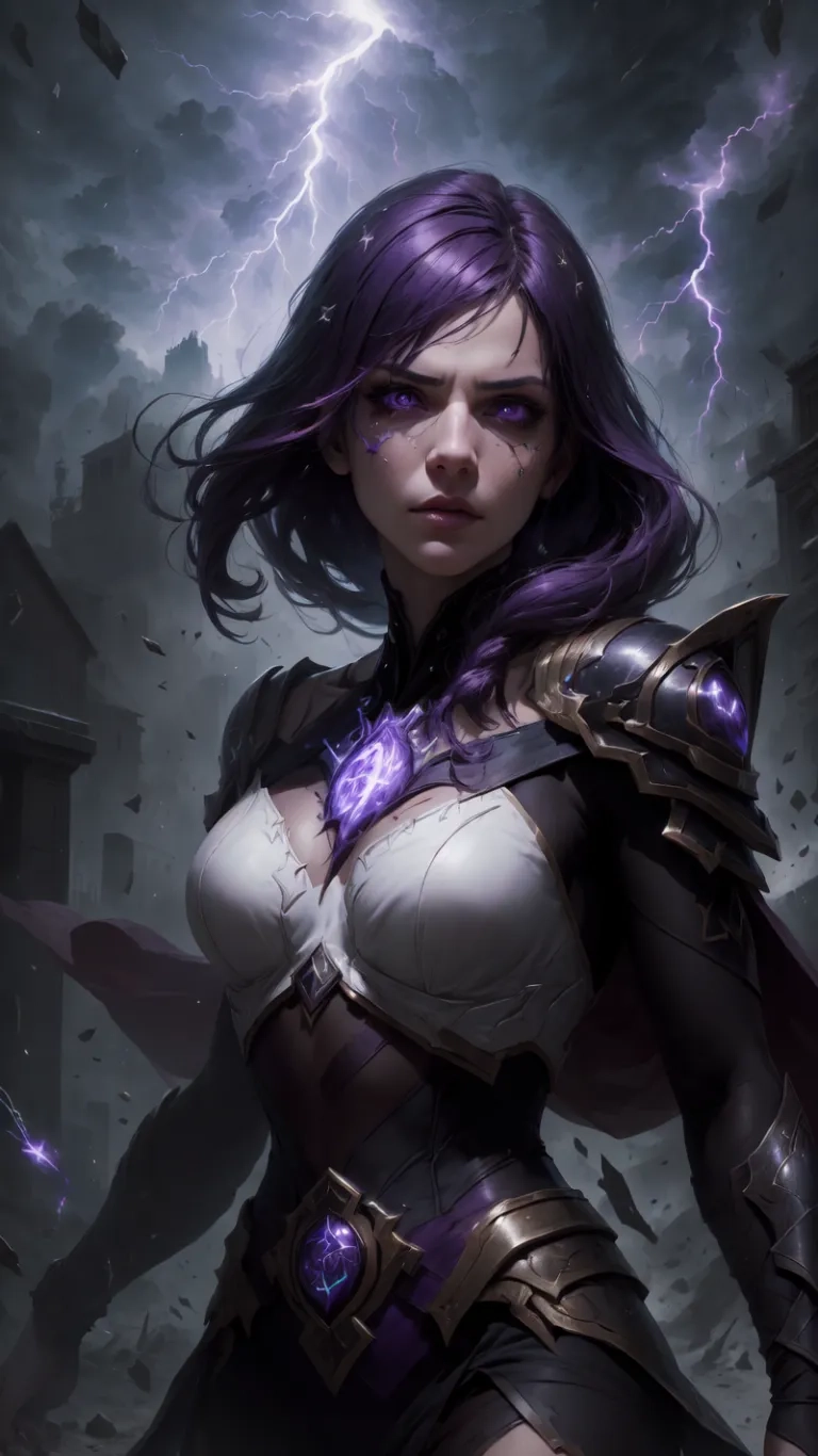 sexy woman with purple hair and armour against a stormy sky background in front of an ancient structure by a fountain with lightnings above her
