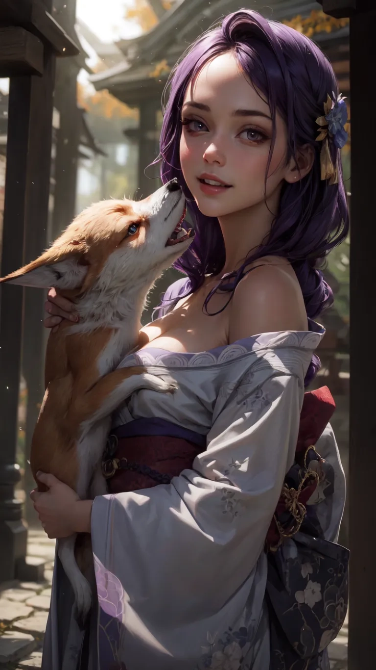 young woman kissing her dog while wearing the headdreq for dragon age of female character art competition by unknown size with purple colored hair
