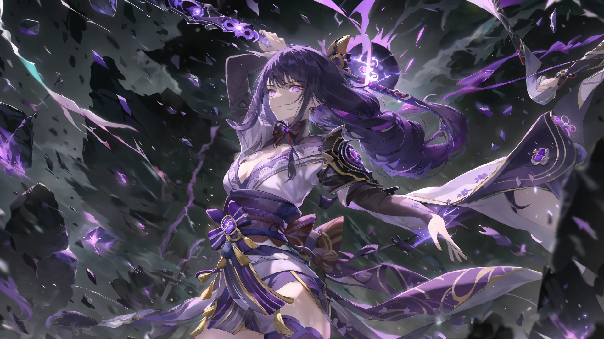 a girl in white dress holding a sword and wearing a feathered headpiece has purple hair and is surrounded by abstract black - colored decorations
