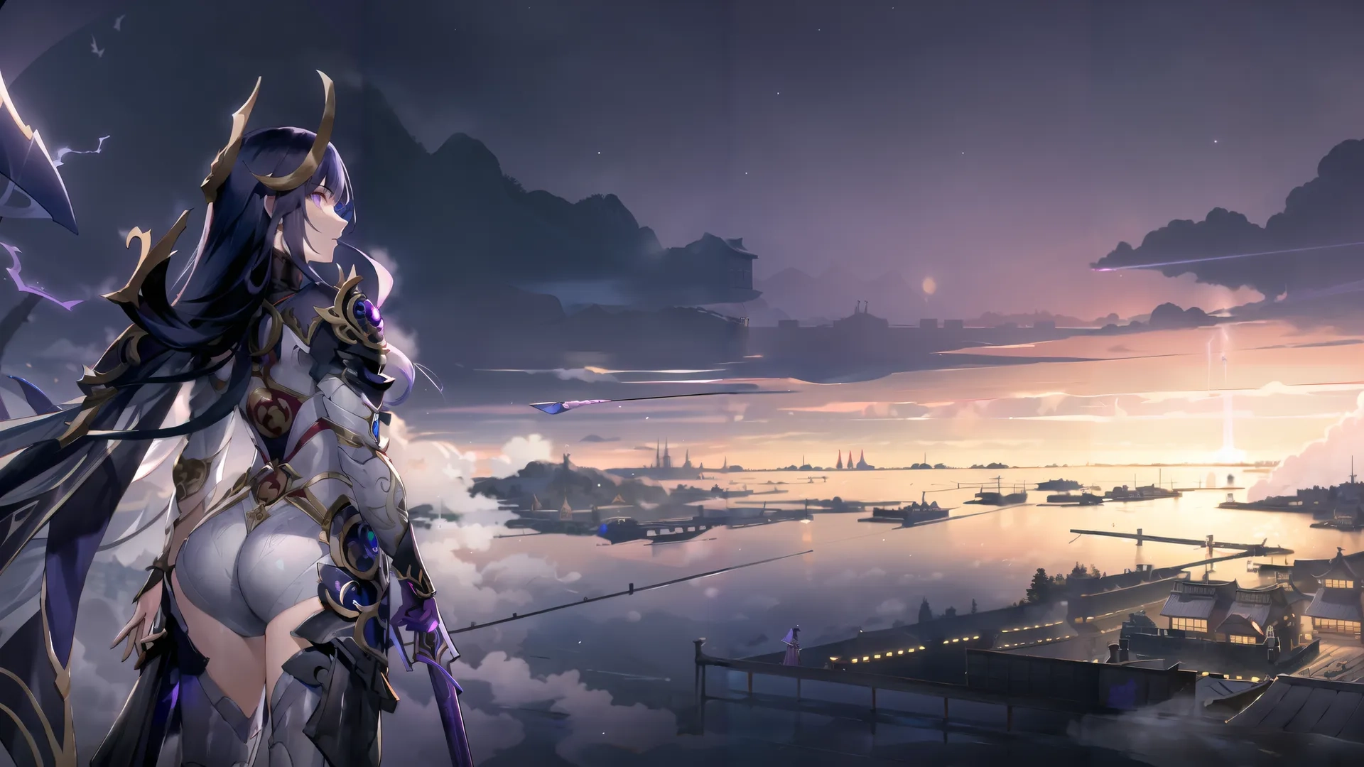 an anime girl standing on her hip with long dark hair and wearing armor with futuristic city in the background on an evening view over a cloudy horizon
