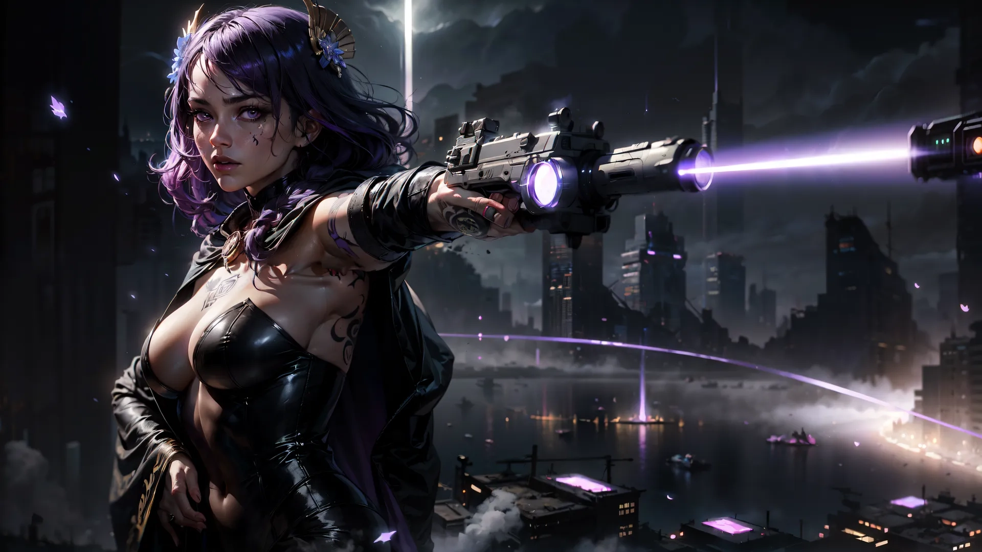 a anime with purple hair, a gun and a bustier shirt on a city with lights shining out of it's windows next to a building tops
