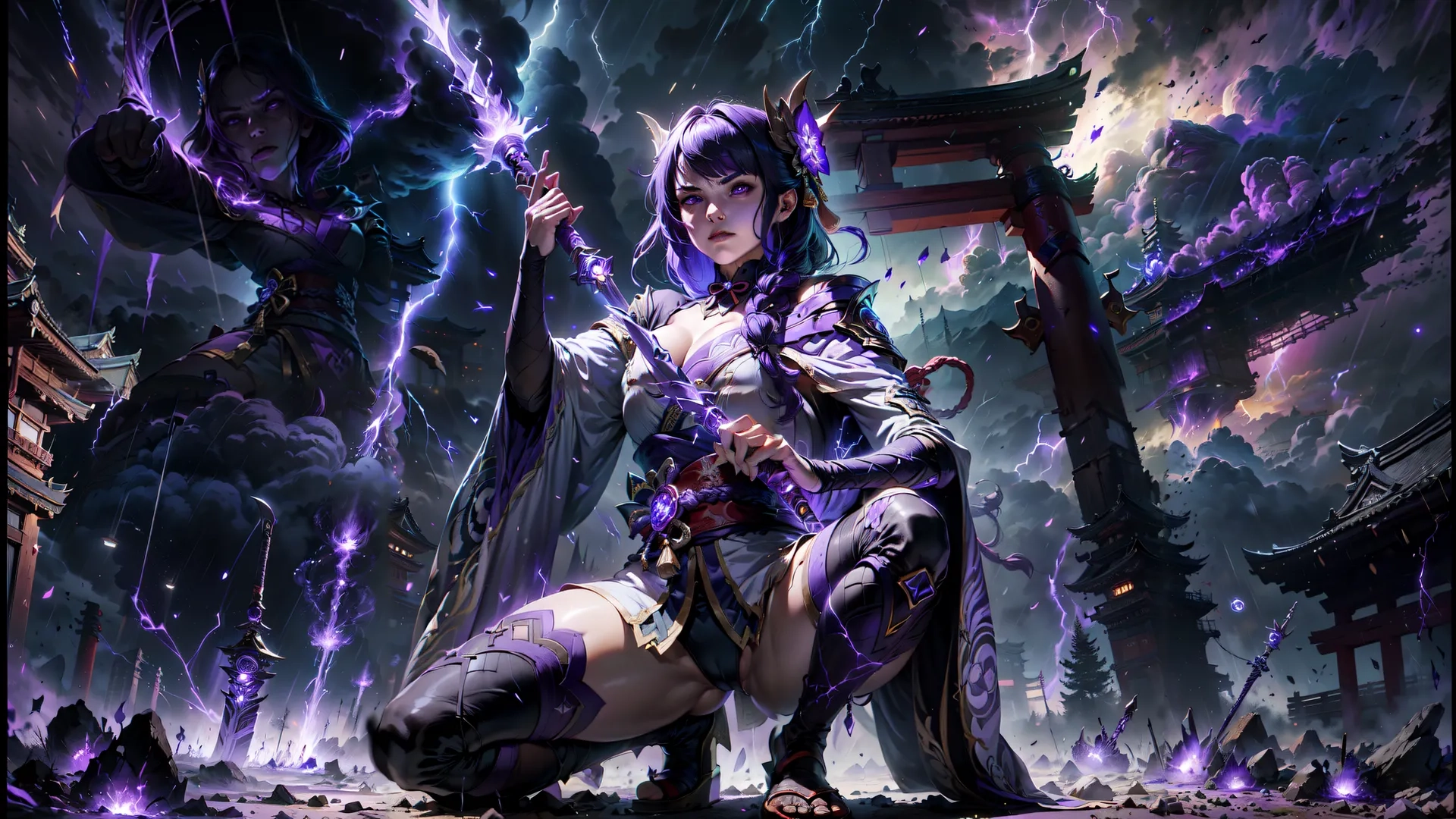 a woman dressed in purple and holding a staff, posing on some rocks in the ground with lightning and clouds in the background behind her
