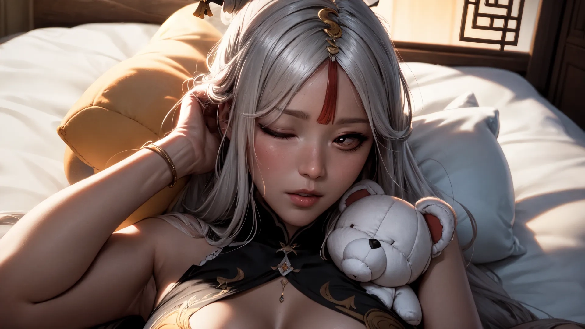 a female holding a white stuffed bear in her right hand and sitting on a bed wearing clothing like a princess with black stripes on it's chest
