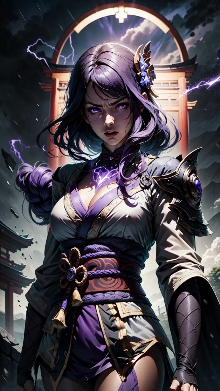 a woman that is standing with a sword in her hand she has storming hair and is dressed in purple clothes in front of her
