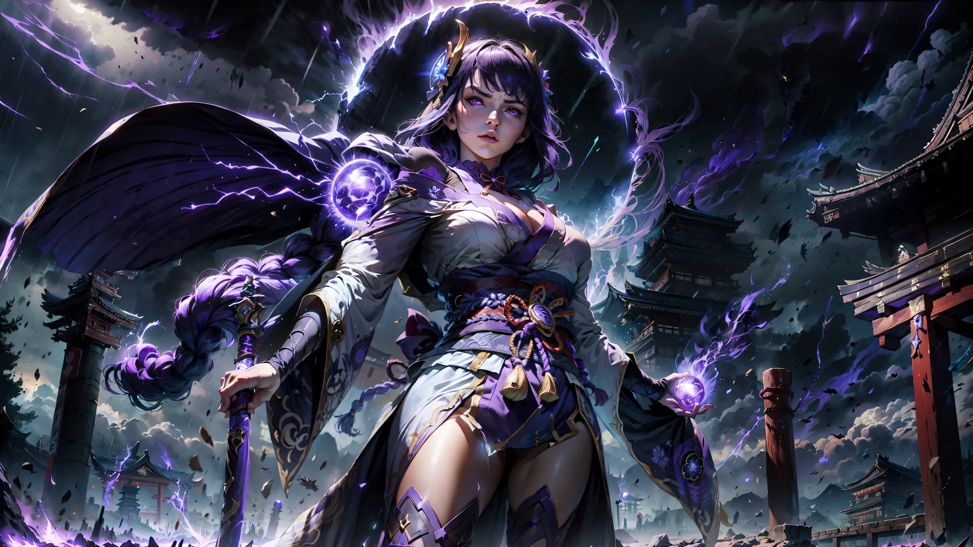 a woman in white is on a bridge and lightnings in front of her chest are flying through the air above her are purple skies

