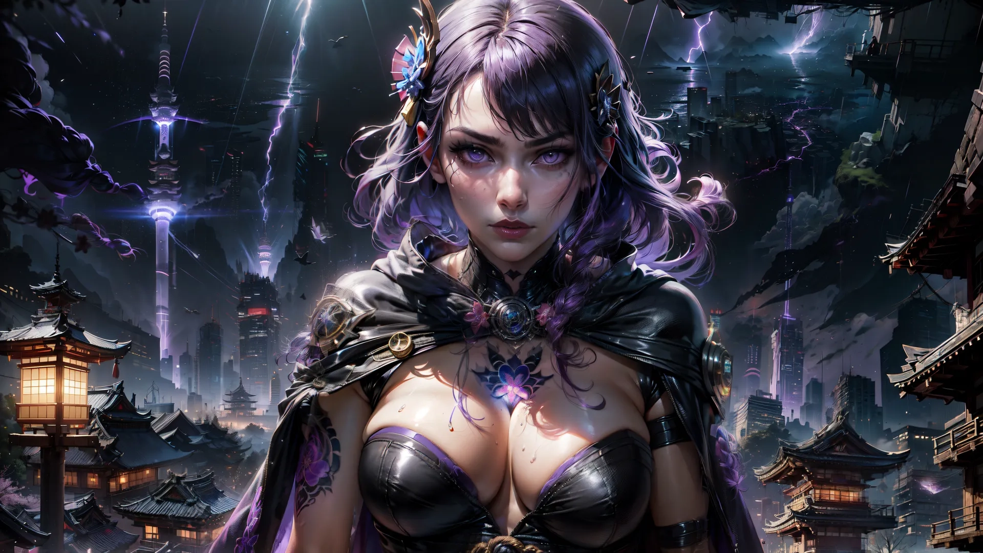 a close up of a person in costume near lightning strikes with capes or armor and purple hair in front of buildings in a city
