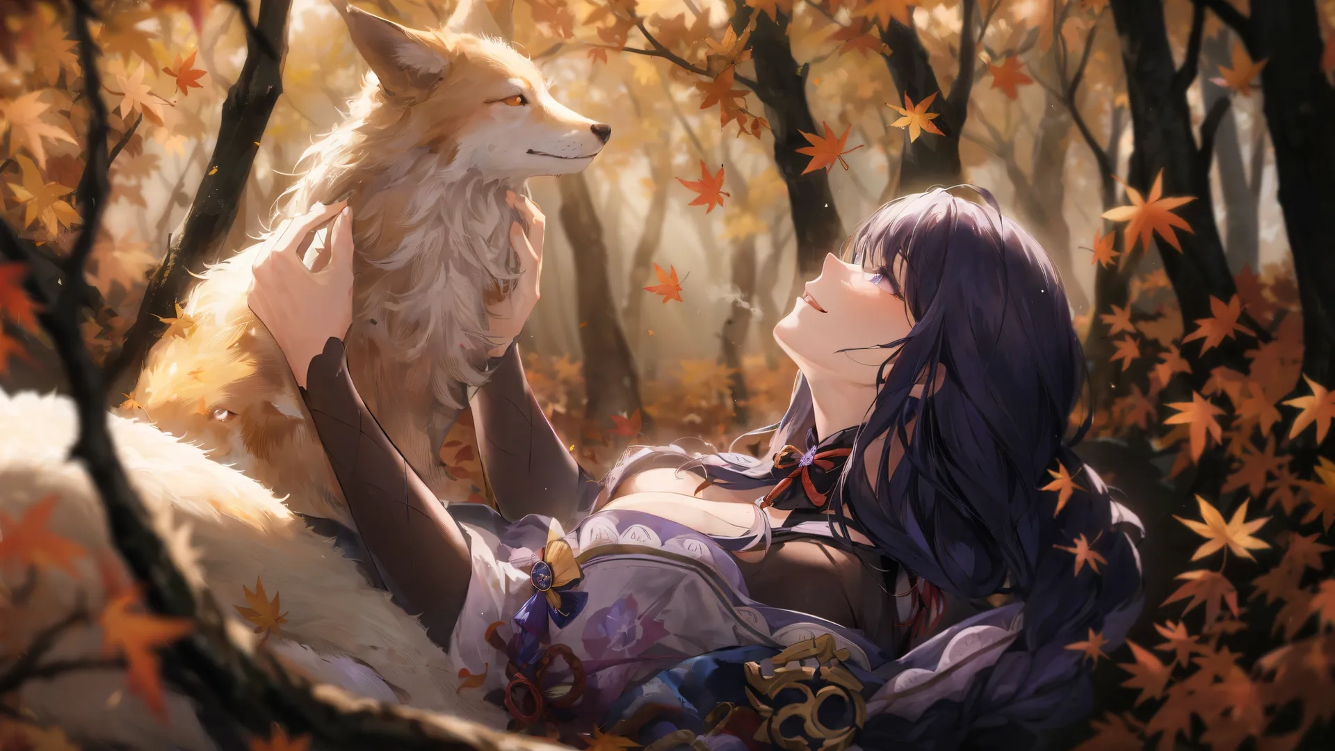 an anime art painting of a woman in a dark forest with a fluffy white dog on her chest and two legs over her stomach looking down
