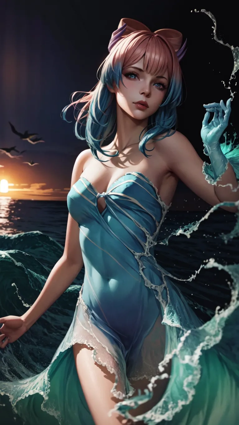 an anime girl with blue hair stands near the ocean at sunset with birds flying around her and waves breaking in front of her on a rock
