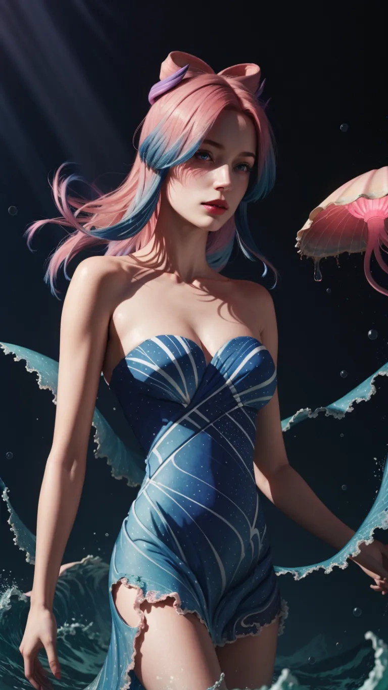 pink haired woman in underwater outfit with umbrella and fish floating in river water near wall, art work done as digital artwork stock photo, high - lize
