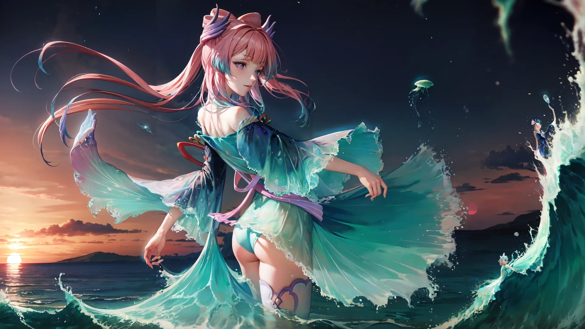 anime girl running through ocean waves in dress and sword on her hip looking at seagulls at night time background with stars shining down
