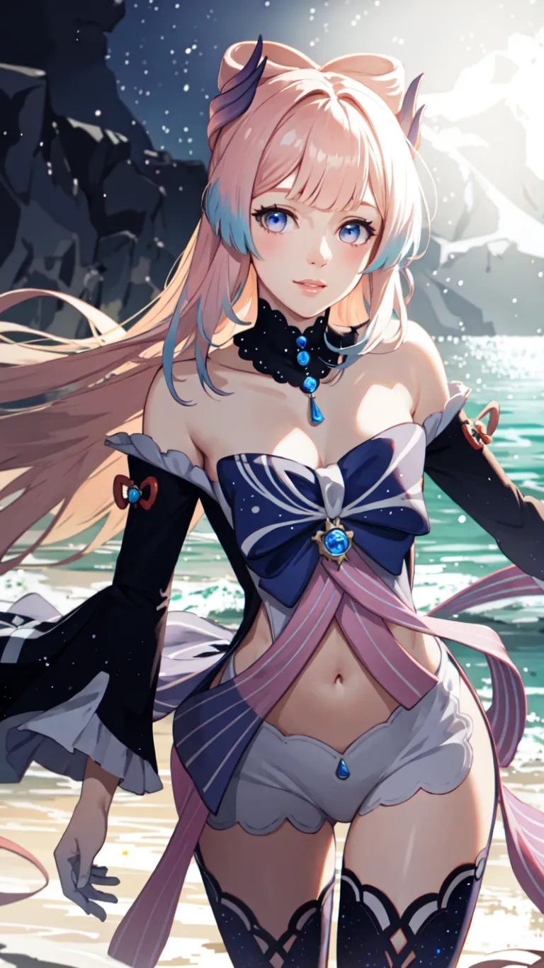 a girl standing at the beach in a bikini top and bow tie, with long hair and blue eyes on her head, and long ears
