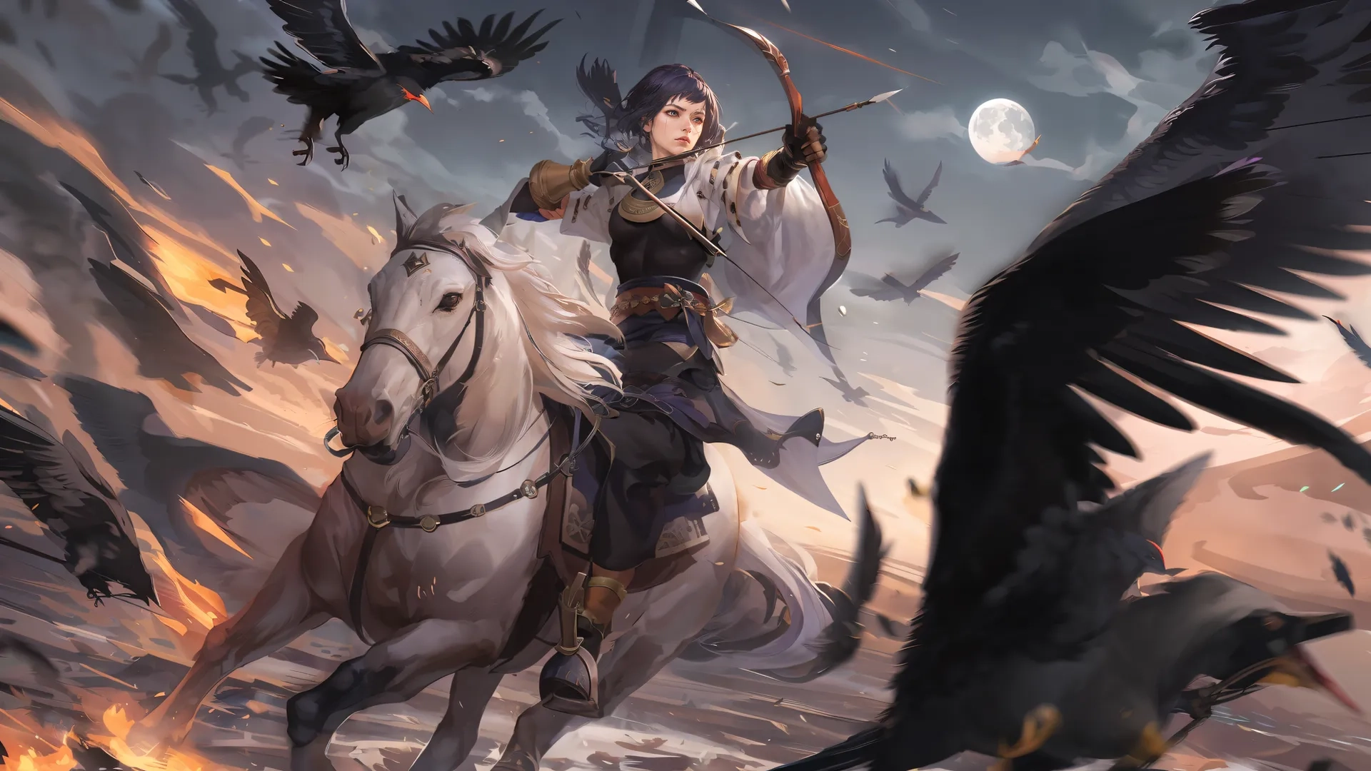 a woman on a horse dressed in armor riding through the sky, surrounded by birds and birds flying by her legs and her back toward her body

