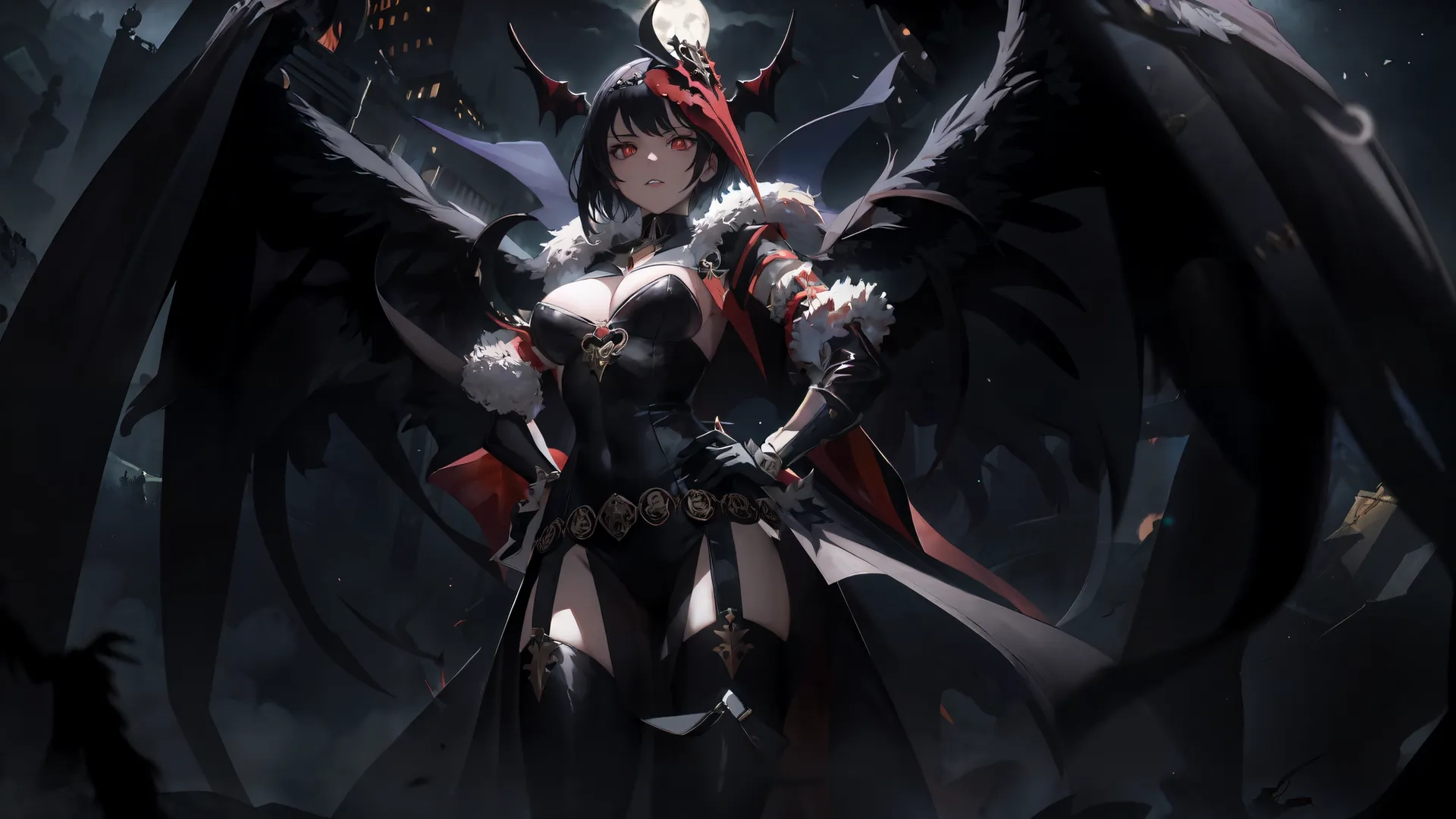artwork of female vampire with bird, and the moon behind her image shows her back to camera her wings and dark shadows surround the scene

