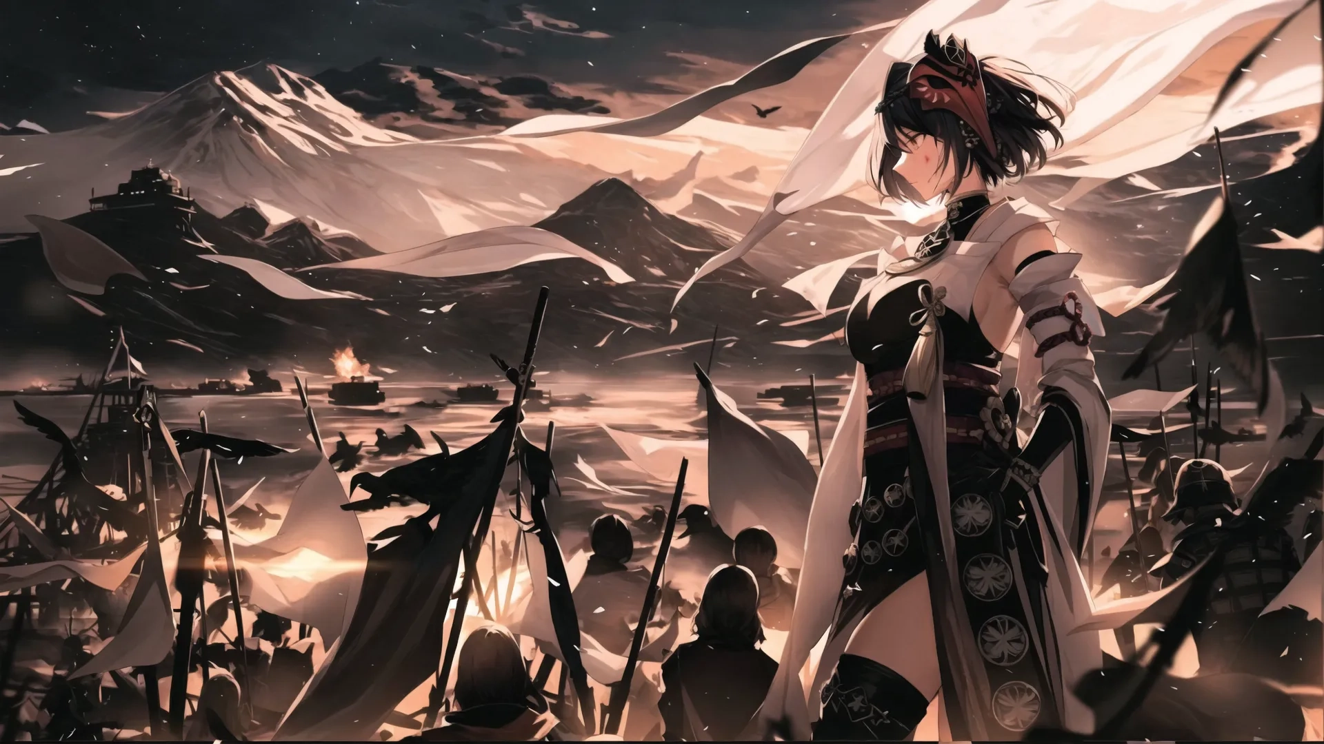 an illustration of an image of some people with armor and a flag in the background of snow mountains in winter time in anime style art
