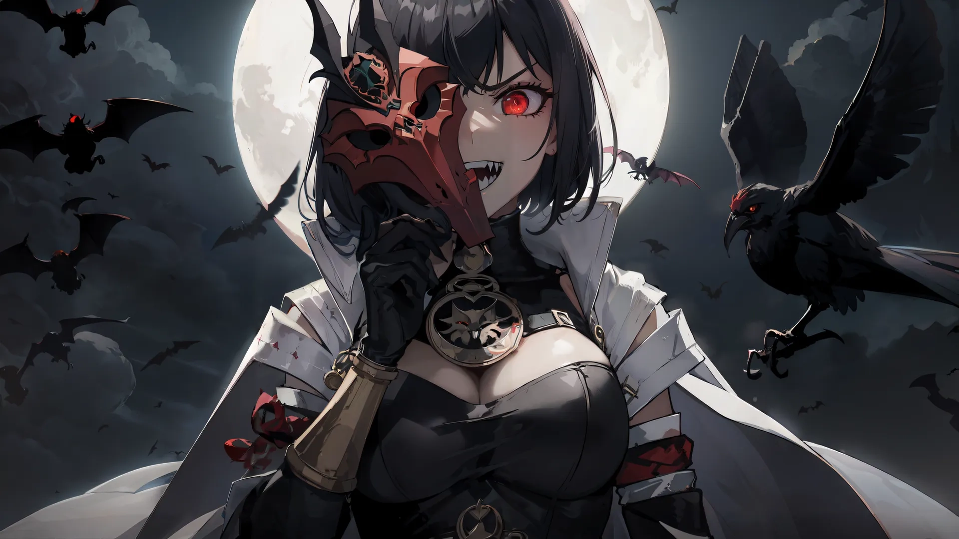 the anime character has a bat in her hair, and a red light is behind them, looking into the sky at one of the two crows
