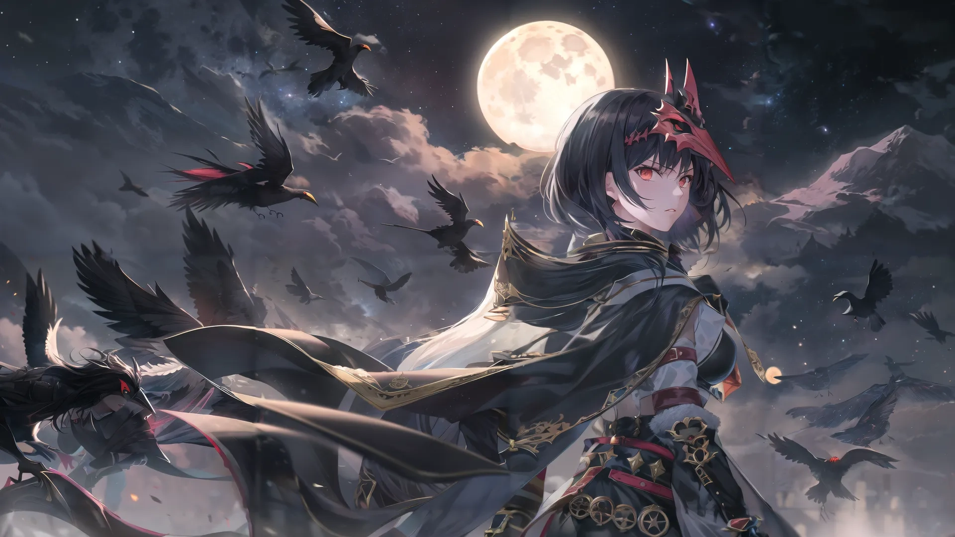 the anime character has horns on his head and black eyes as the raven flies around her and there is one person on her knee and there are pigeons scattered around
