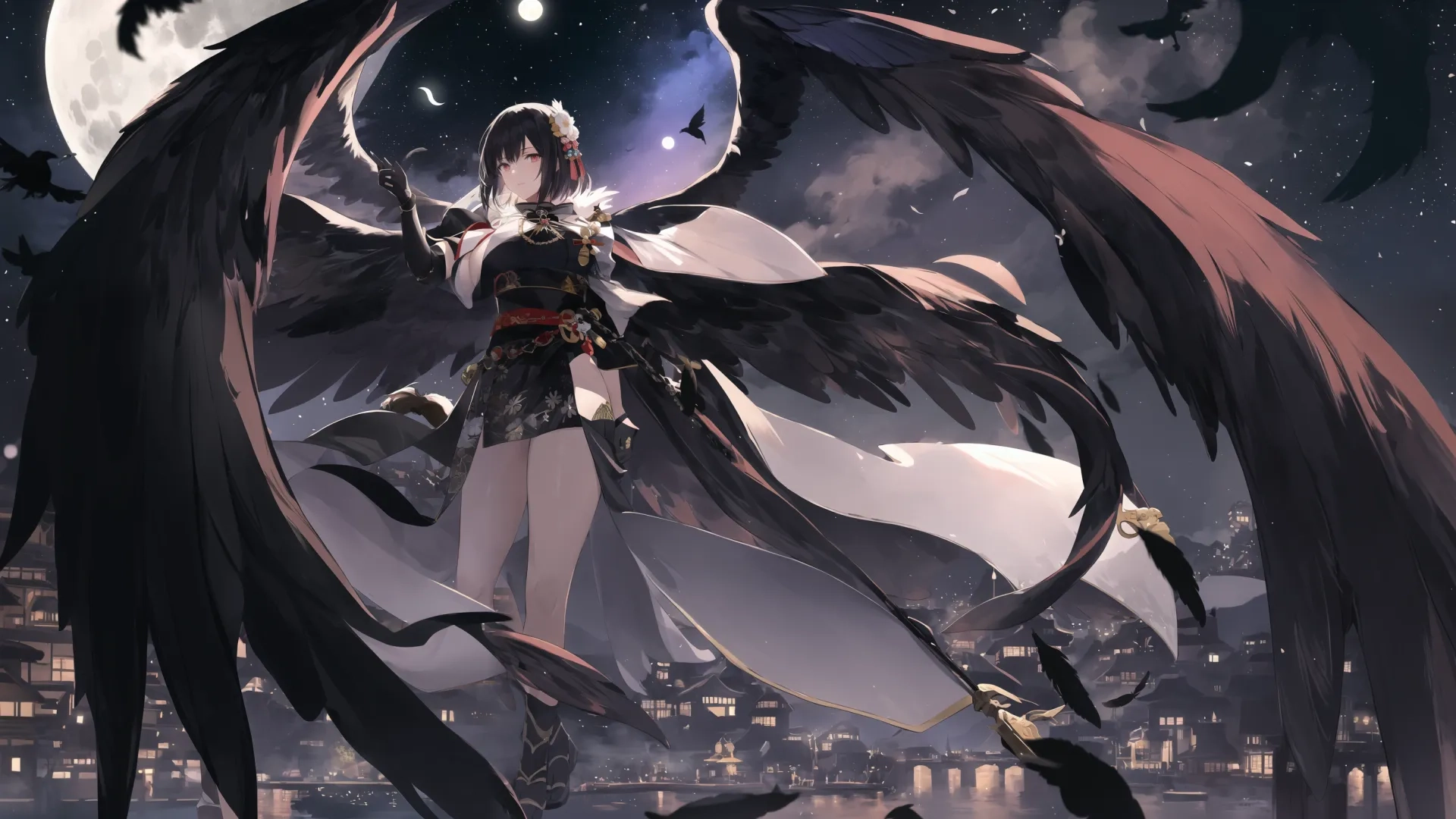woman with wings flying over a city at night under full moony sky and a full moon in the background above water with birds around her
