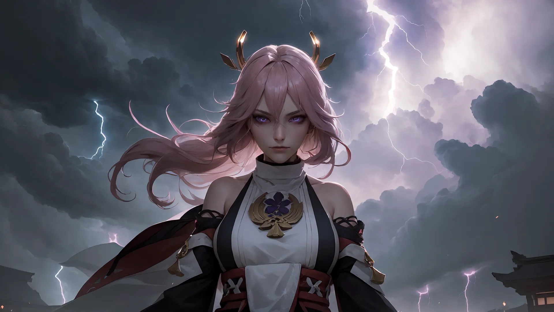 the animated image shows a woman in warrior gear in front of dark stormy skies of town hall as lightnings pass overhead in the distance
