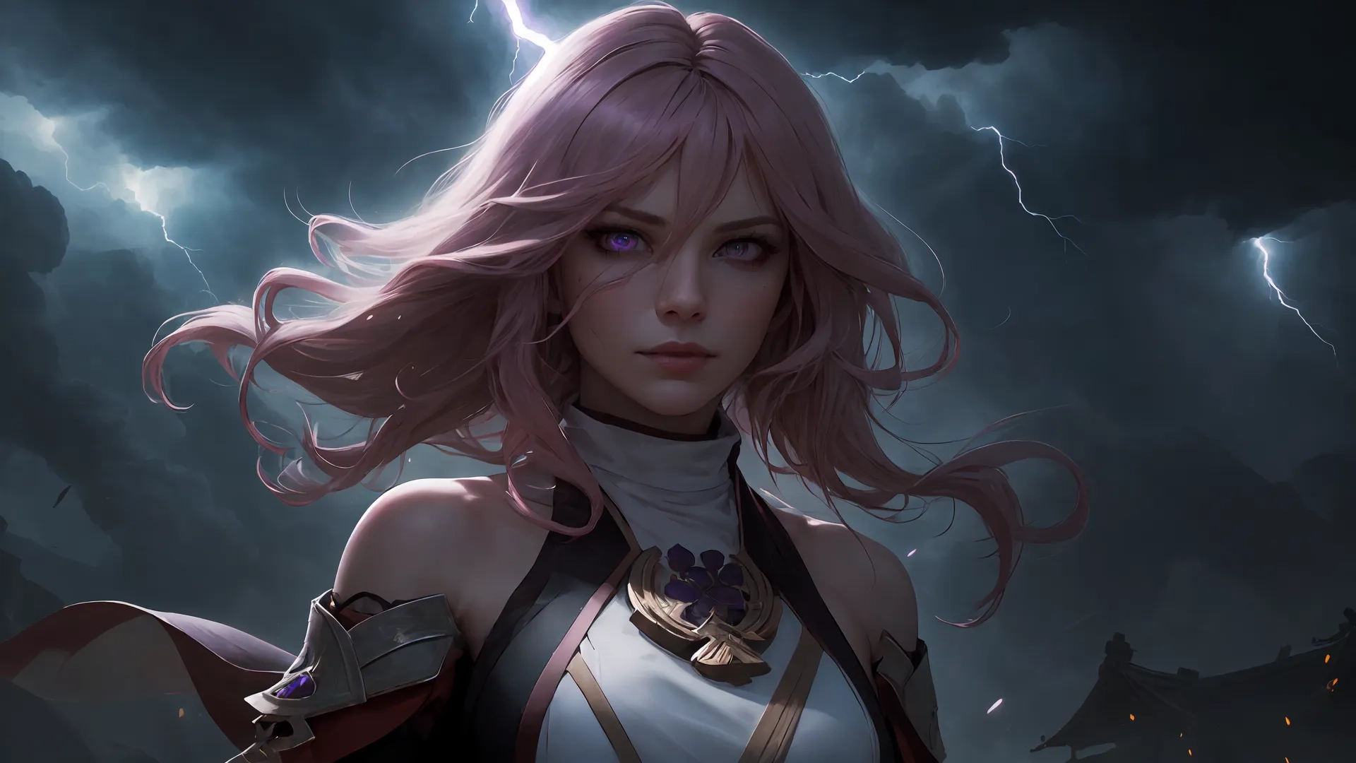 a woman in armor with a large purple hair standing under lightning over her shoulders and holding a sword in front of a stormy sky view
