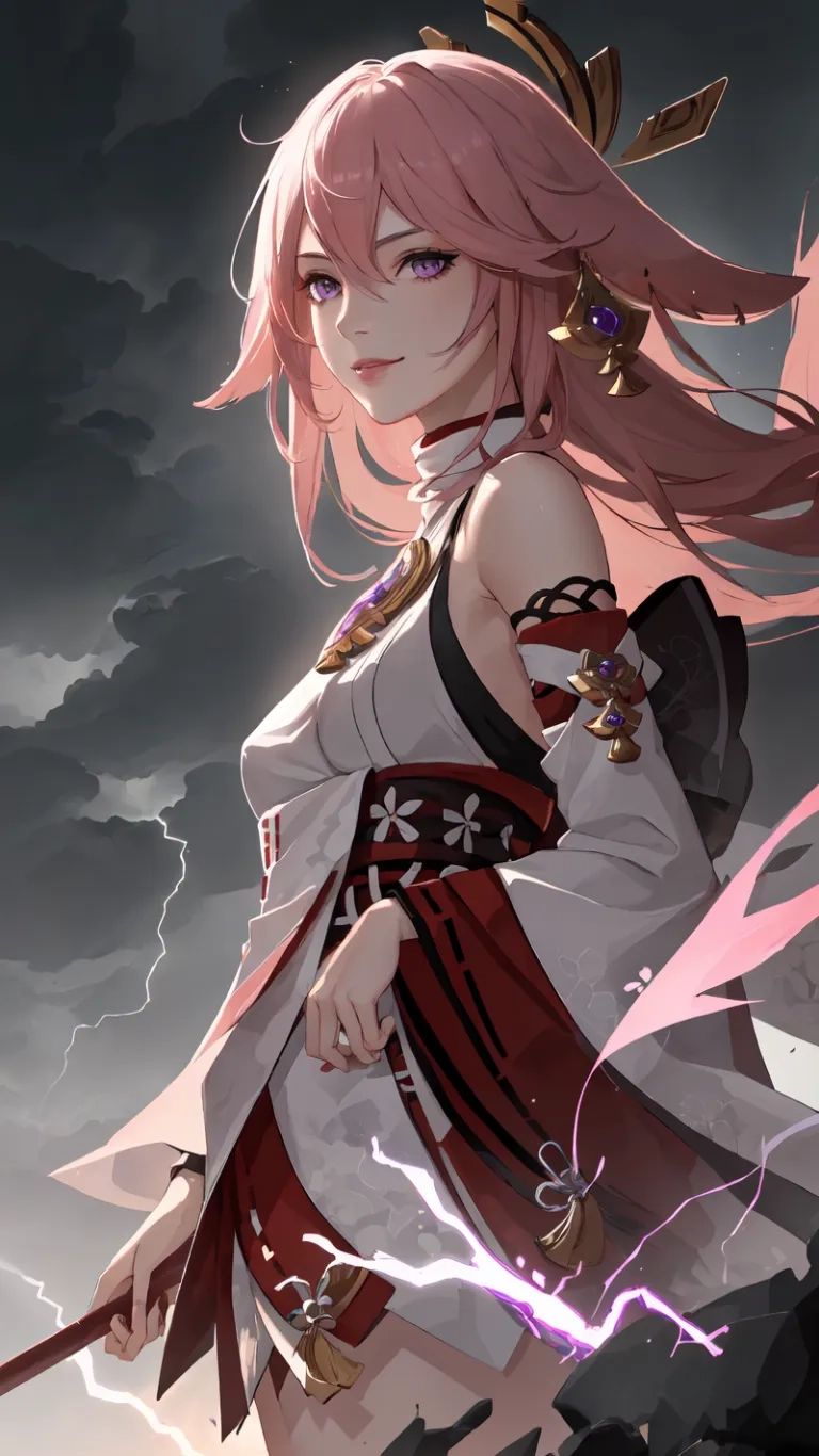 a woman in white standing up on a field holding swords and lightnings at the end of a long dark sky line across its edge
