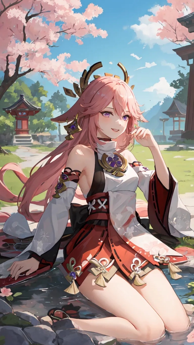 the pink hair anime female is sitting on a lotus bed with flowers in front of her hair and a japanese style pagoda in the background
