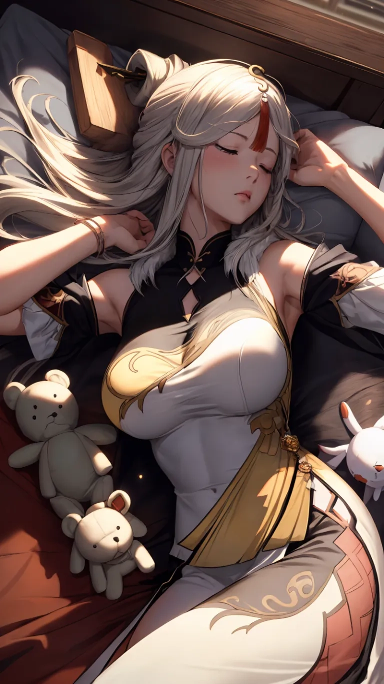 the girl is laying down with her teddy bear on her back and a cat in front of her face and with black shirt, red and gray hood, beige belt and white top
