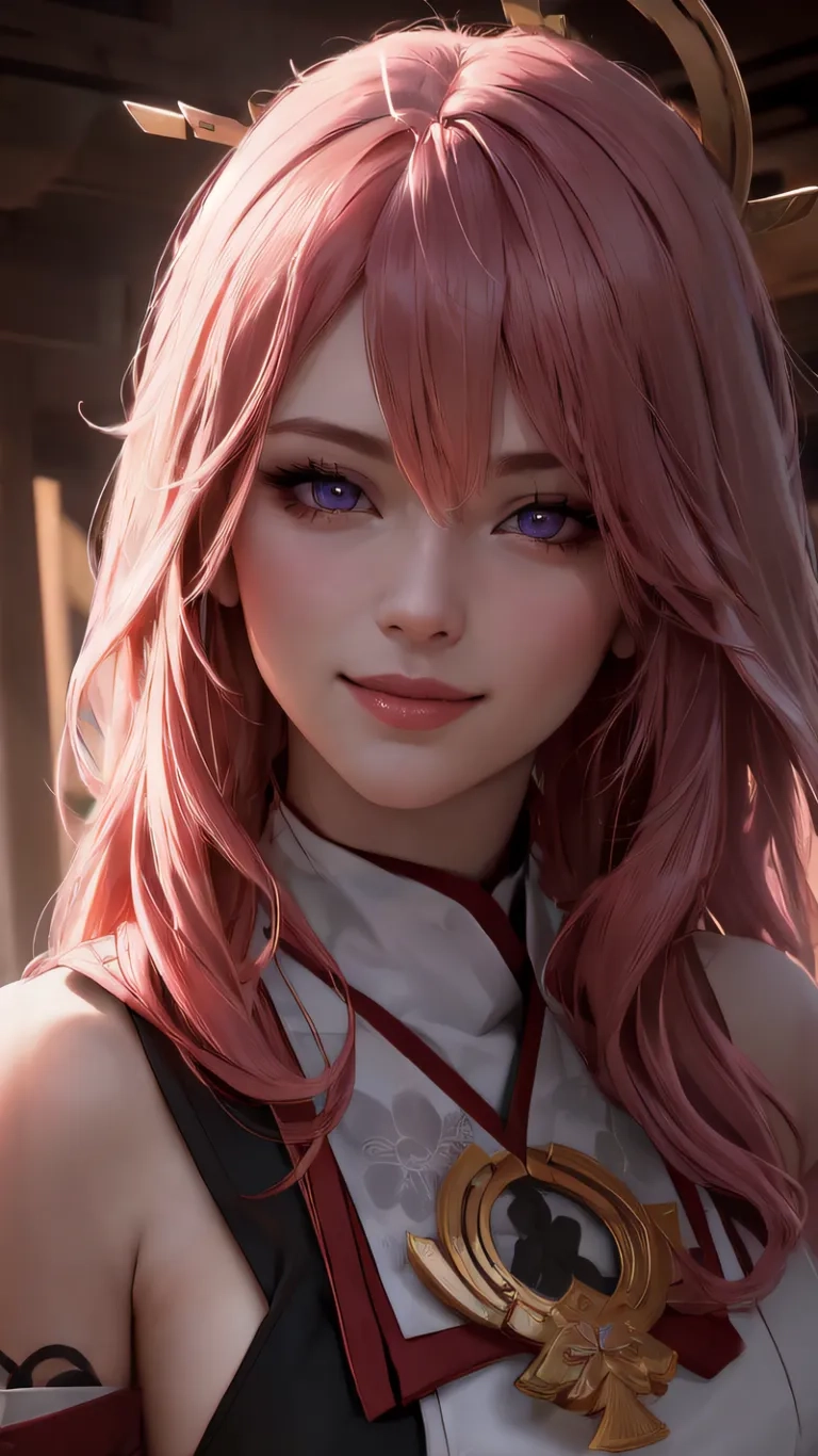 a close - up of a female avatar with pink hair and costume on holding a bow in front of the camera and a wooden pole
