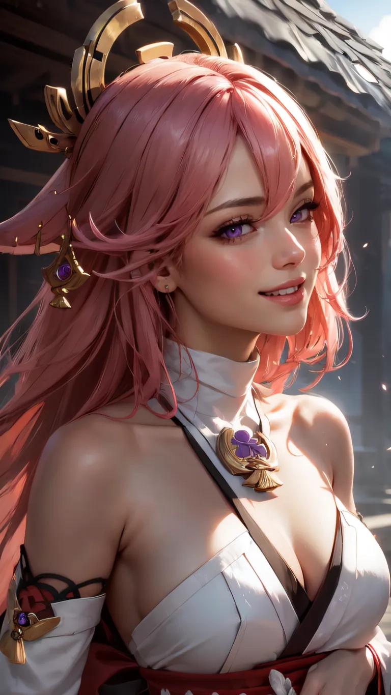 a woman dressed as an elf, with pink hair and jewelry on her head and shoulders is surrounded by buildings as if she will put onto someone else
