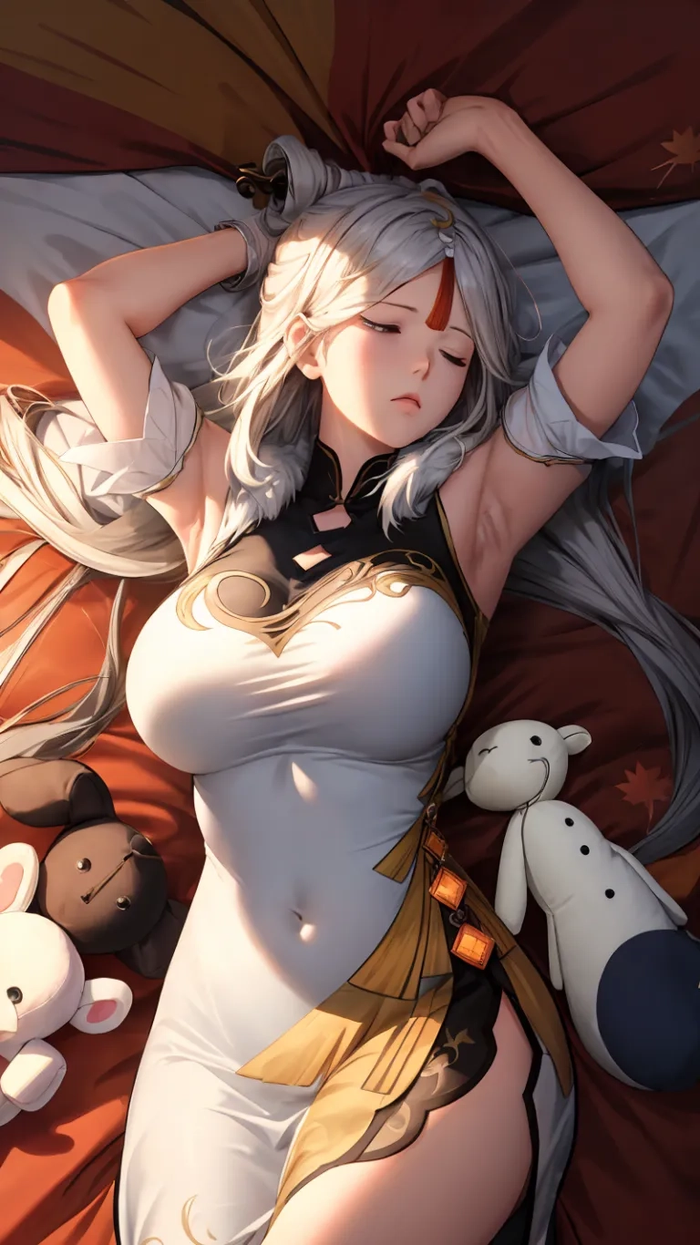 a woman laying on her stomach with stuffed bears around her and some other stuffed animals behind her and an orange background with light hair, pink,
