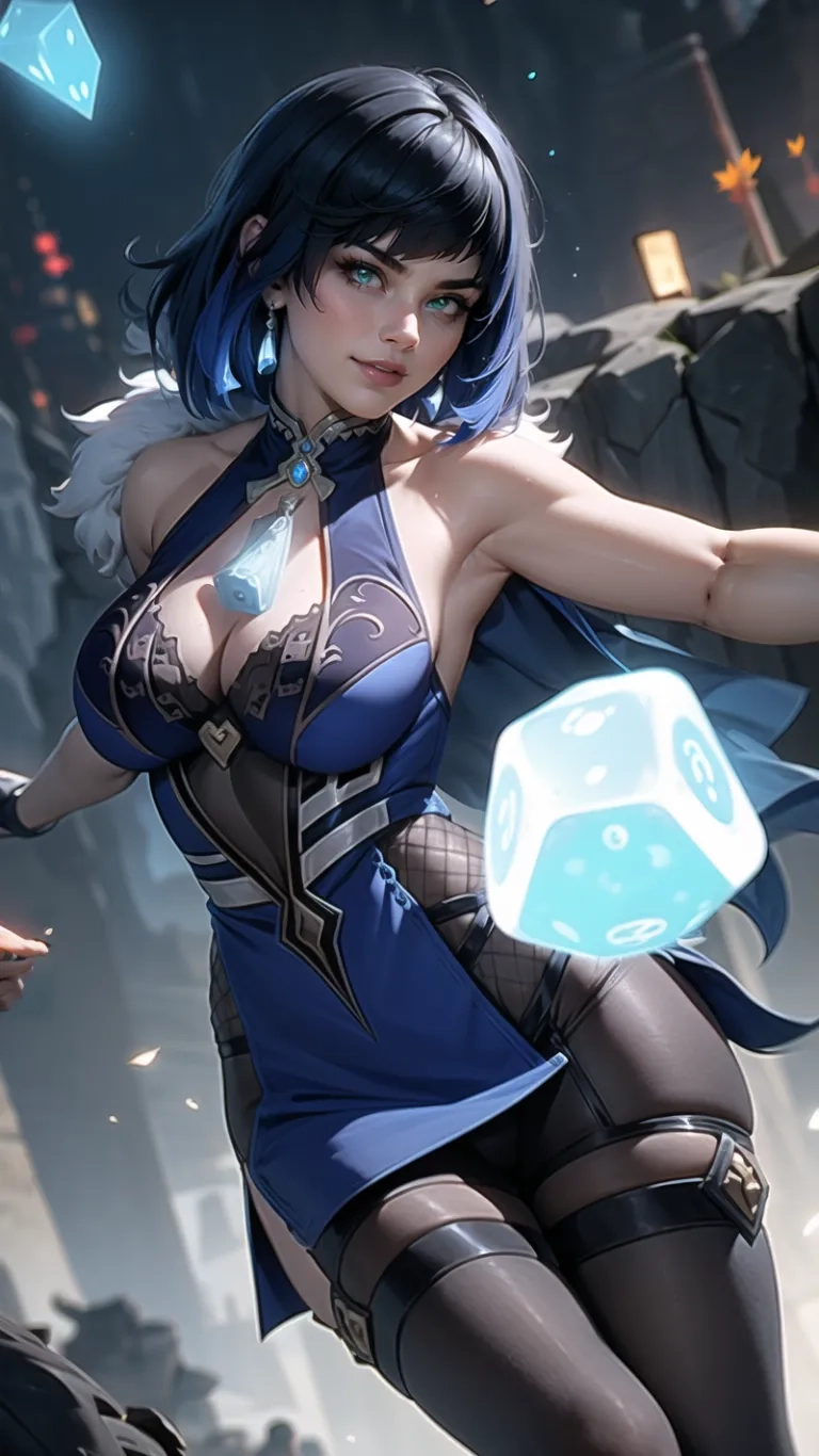 anime, person, futuristic woman with light blue makeup, and white hair in mid - tone outfit holding out a glowing orb, while standing on large city floor
