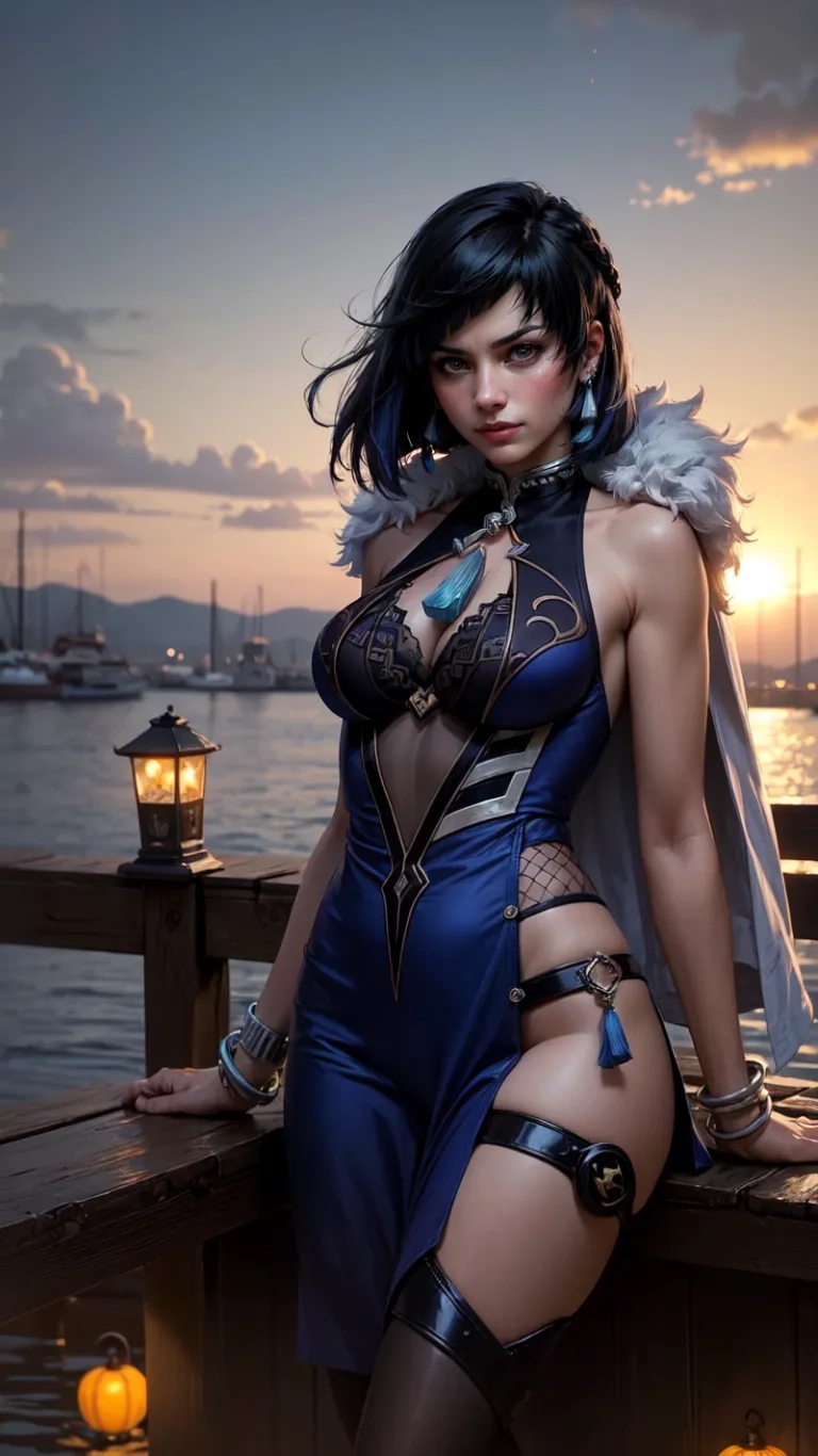 this is an image of a women with warrior gear on posing in front of the harbor at dusk on a dock in her outfit with glowing night lighting candles
