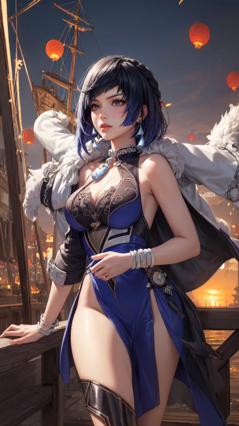 this is a anime girl with big breasts wearing all her costume, and a huge wings near an industrial city, on a platform at night shot
