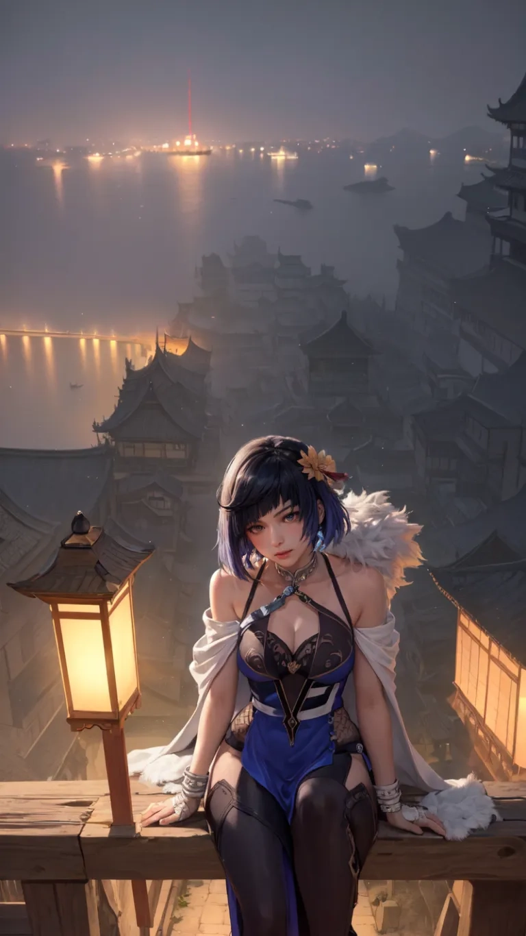 an asian woman dressed in lingery garb sitting on a ledge outside by the water looking into the distance with lights behind her and lanterns as seen in the sea
