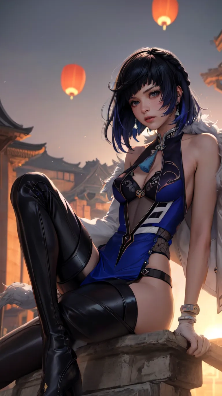 an image of sexy anime woman posing for a photo by an asian lantern light sky background and a tall building and city at dusk with lanterns in the backdrop
