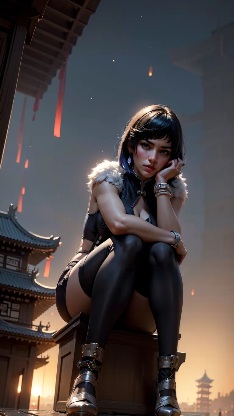 an asian woman in black sitting on a box at sunset near some pagodas with red lights behind her and looking off to the distance
