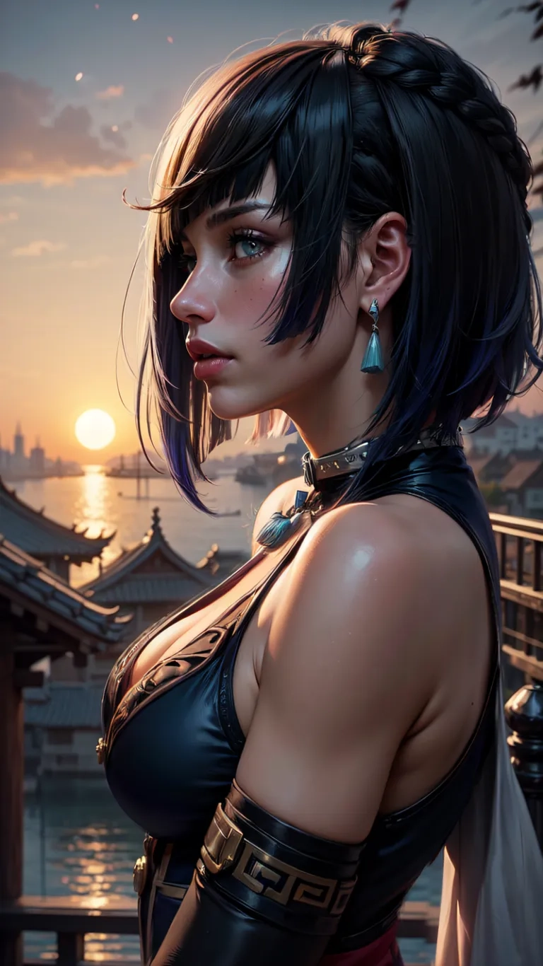 a person with some kind of dress on a bridge by the water at sunset, and another person wearing clothes near water with a river
