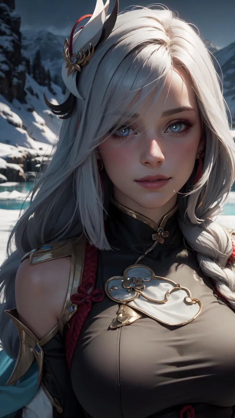 an image of a girl with short silver hair wearing an outfit, surrounded by snowy mountains and icy water with a glowing sword in her right side
