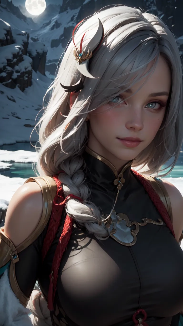 this is an image of a woman with a sword on her shoulder in a snowy landscape behind it are mountains and snow and a mountain
