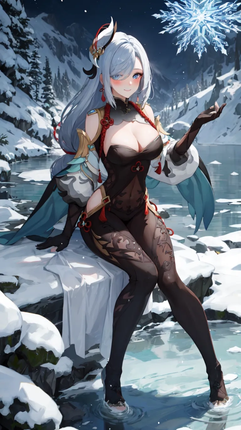 an anime girl sitting on a rock by the water with snow flakes in the air above her and a snowstorm behind the woman
