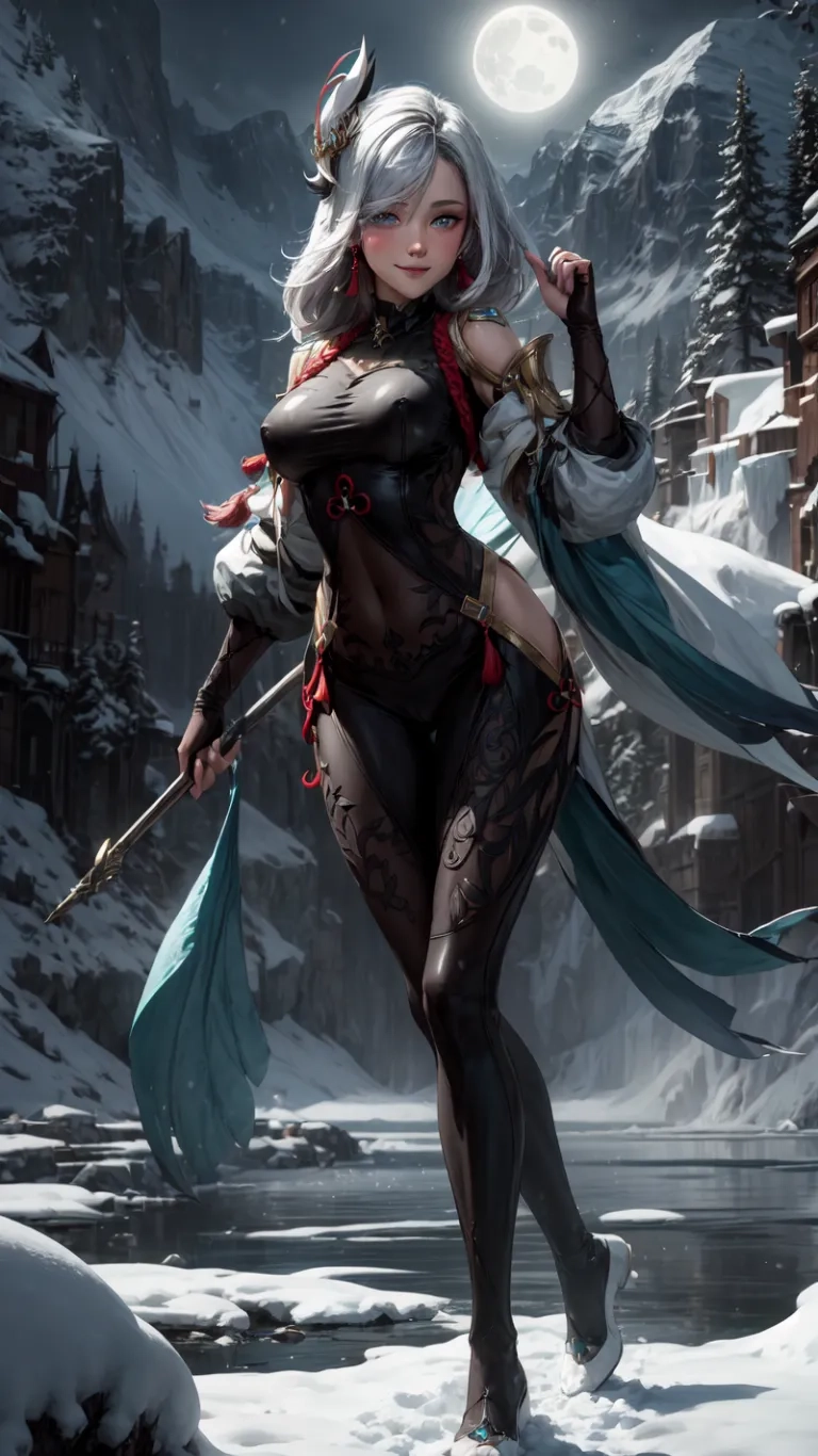 a girl is holding a gun above her head and posing in the cold winter snow with an ice axe in front of her chest, on a snowy mountain range
