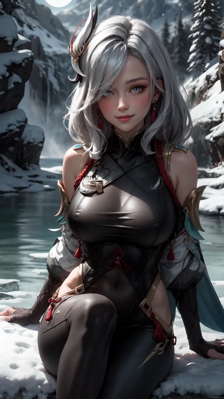 a lady is posing for the camera near a river filled with water and snow covered rocks she has gray hair, red eyes, and dark armor and black,

