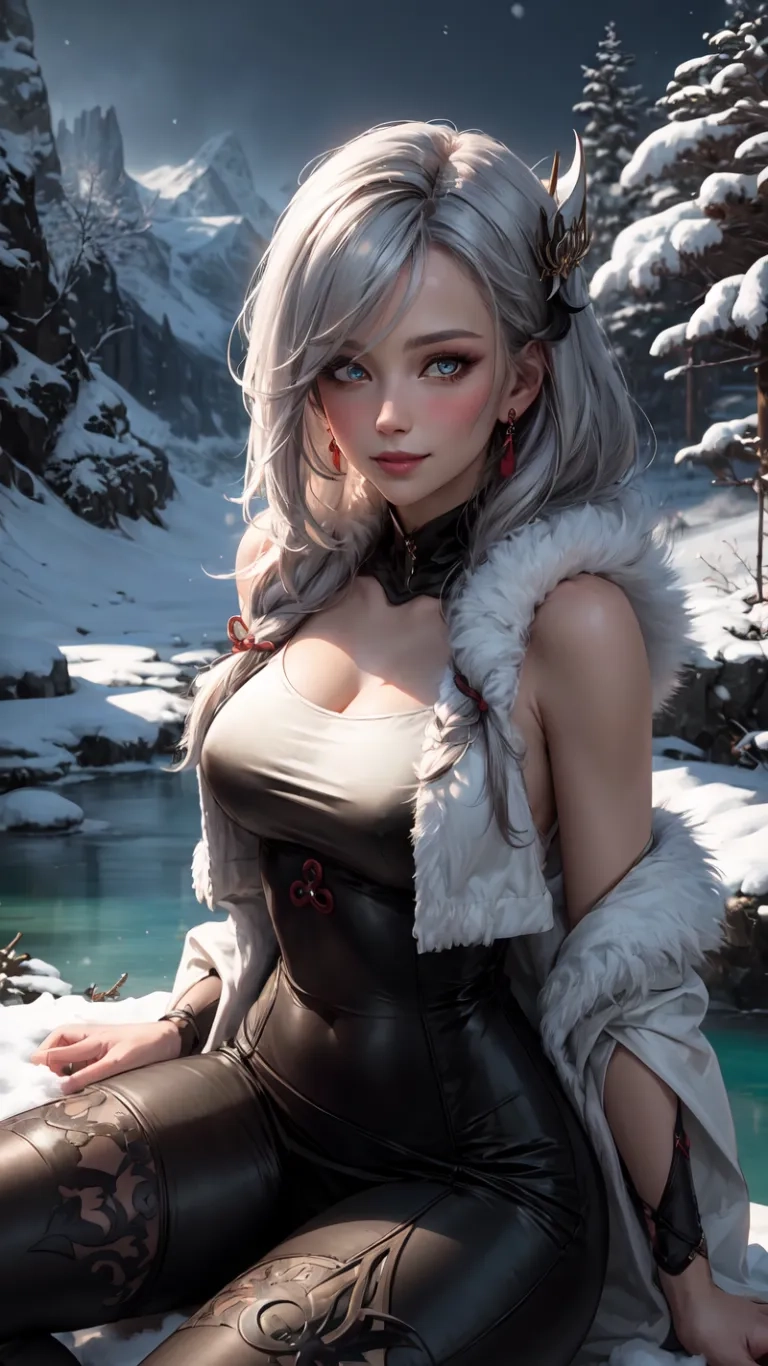 the girl dressed as she is posing in a cosplay outfit outside in winter with snow covered mountains and lake, and forest surrounding
