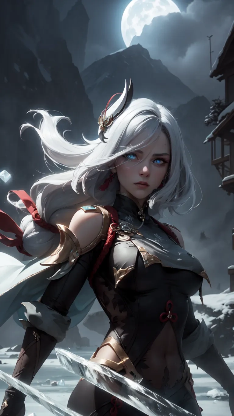 an image of a female character with white hair holding sword and standing in front of snow and mountains at night time with the moon above
