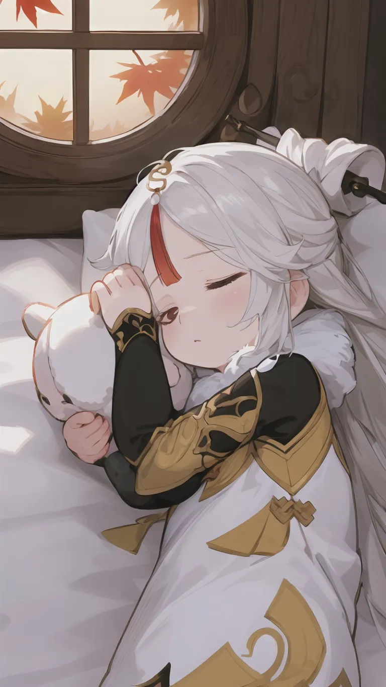 a girl with white hair is laying on a white bed with red maple leaves outside her window frame and sleeping a white cat is behind her in the fur coat
