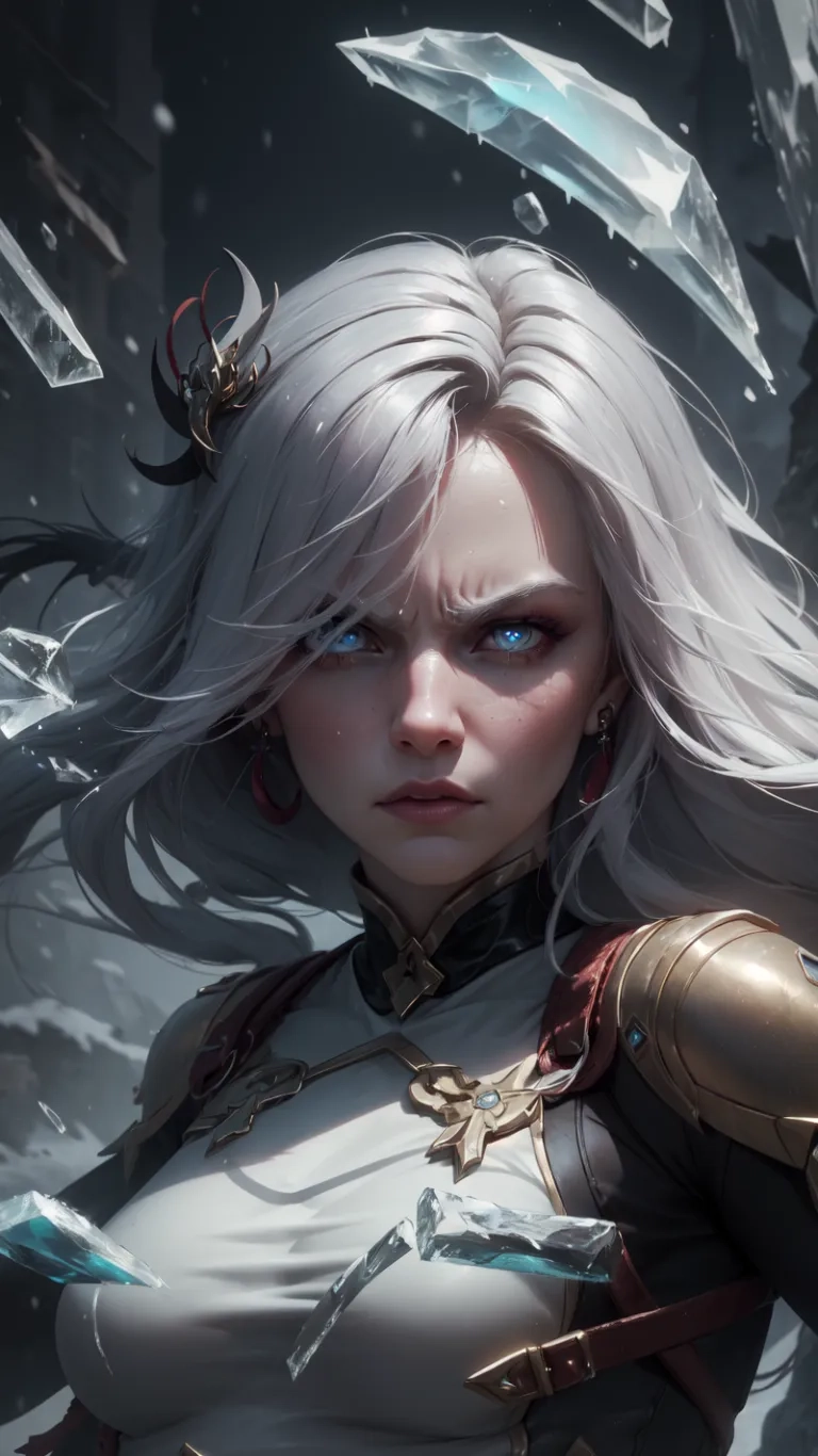 an image of a female robot slayer in armor with a crystal sword and icebergs around her head on her chest and chest by she is smiling
