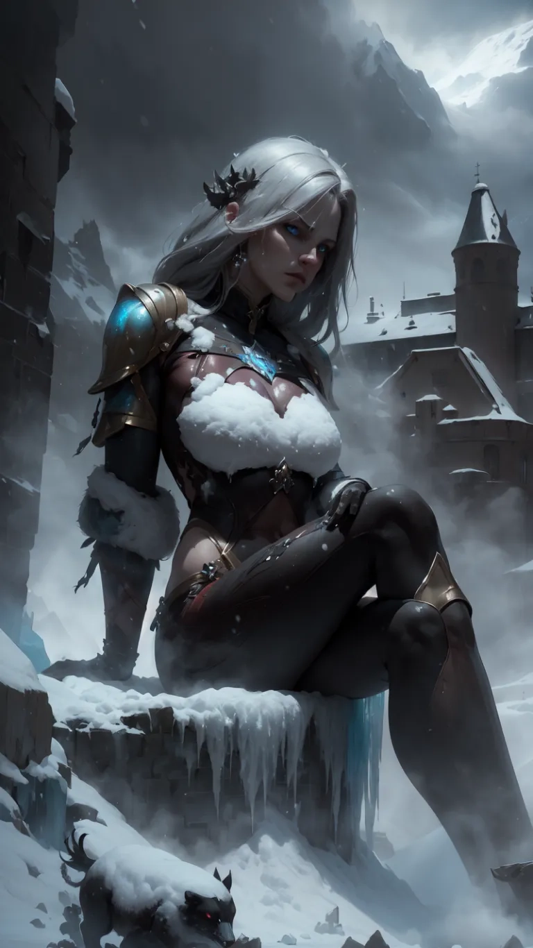 a woman dressed in a black and white outfit is sitting on a snowy ledge outside a castle on the snow - covered hills by night
