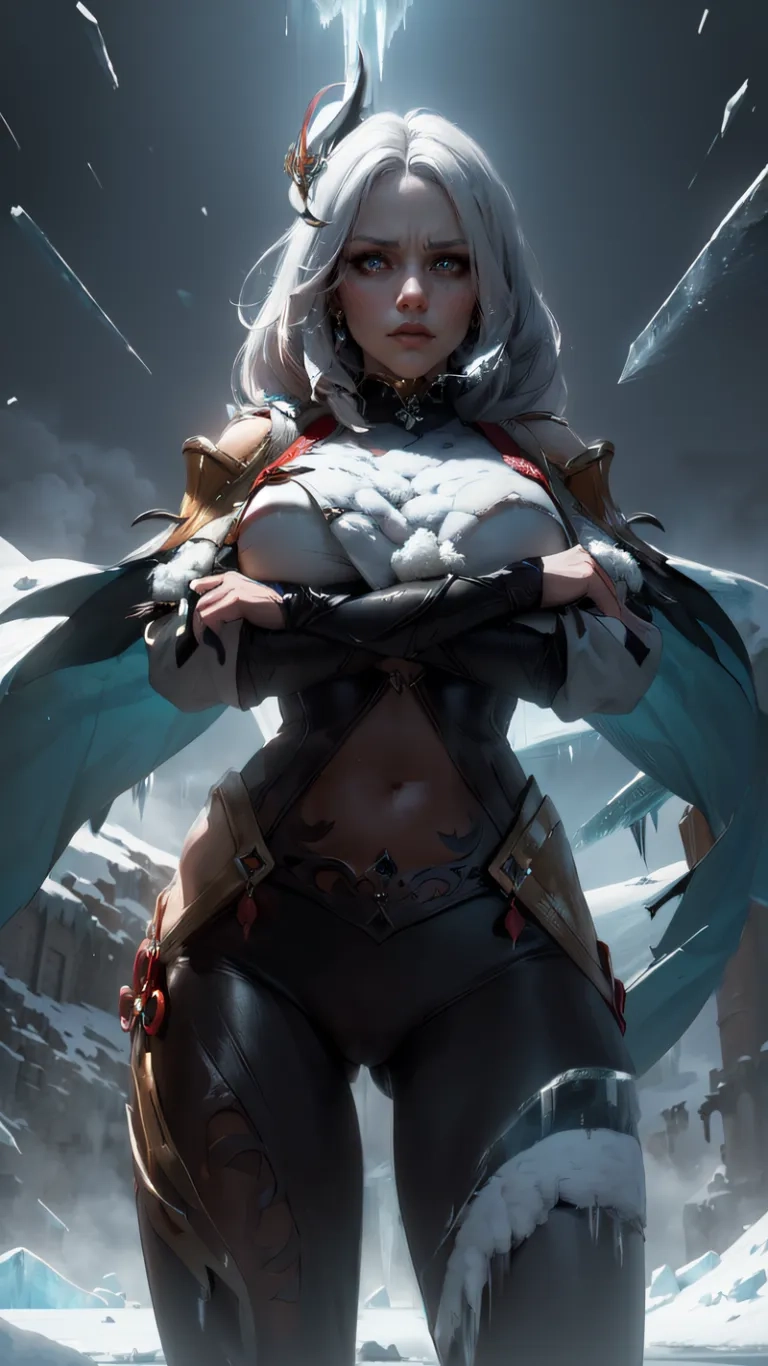 an artistic rendering of a woman in armor with a large sword in her hand and an angry look on her face with white hair and blue eyes
