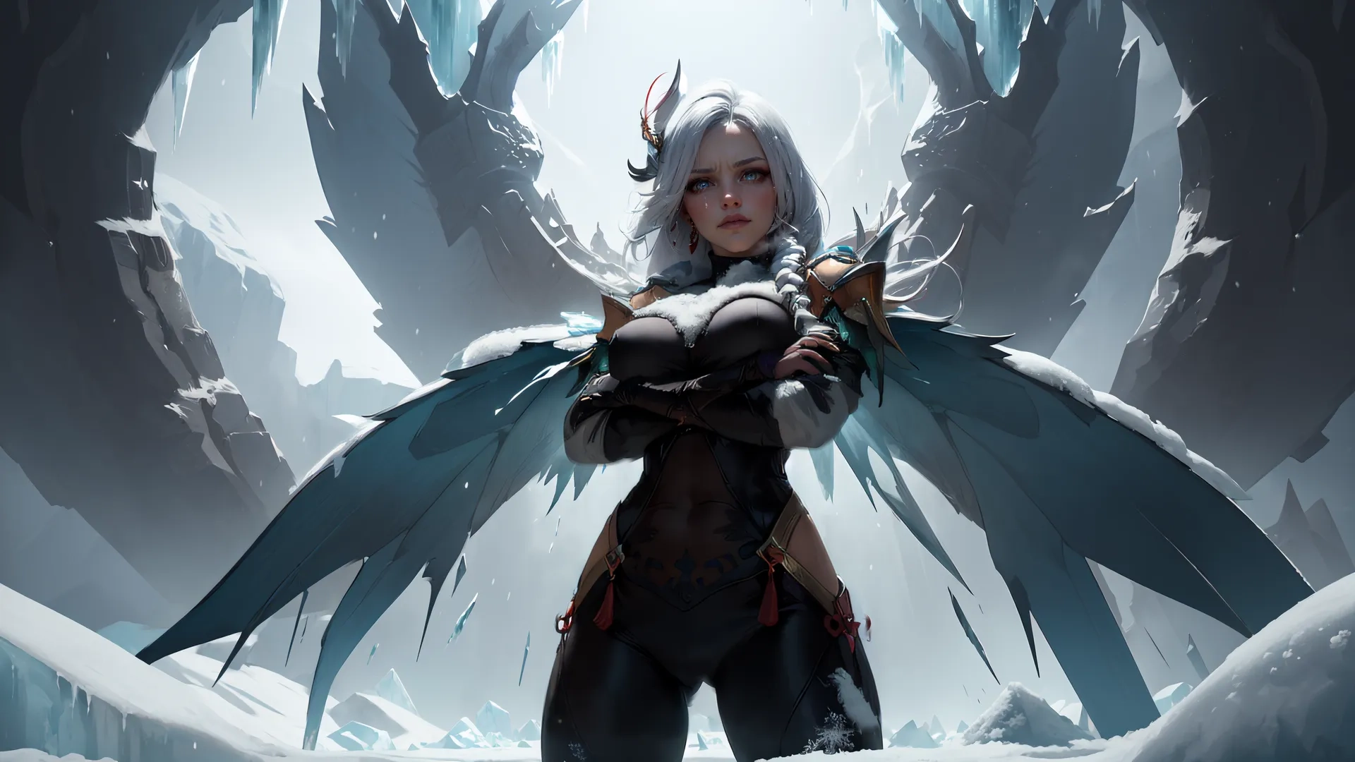 a demonic woman standing under an icy snow covered cave holding hands in both hands is black winged wings, which are almost ready for battle
